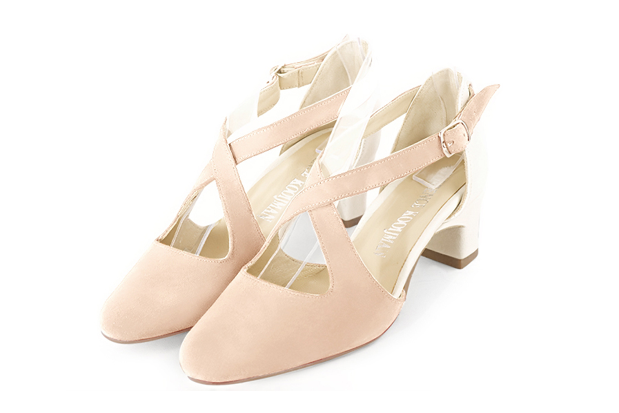 Powder pink and off white women's open side shoes, with crossed straps. Round toe. Low kitten heels. Front view - Florence KOOIJMAN